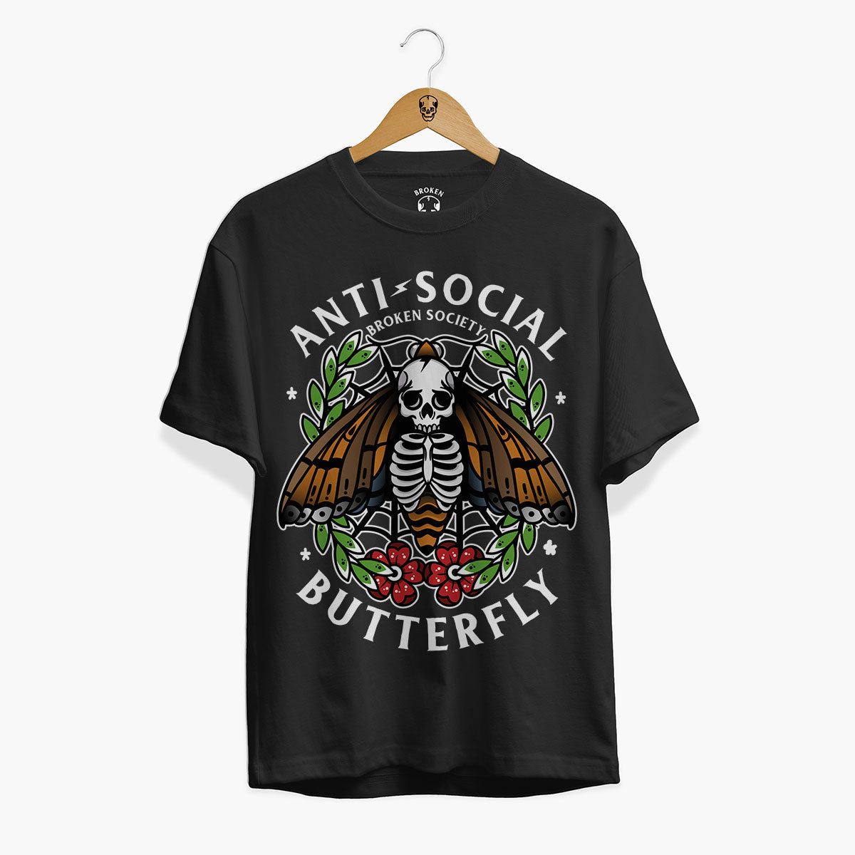 Anti-Social Butterfly Front Print T-Shirt (Unisex)-Tattoo Clothing, Tattoo T-Shirt, EP01-Broken Society