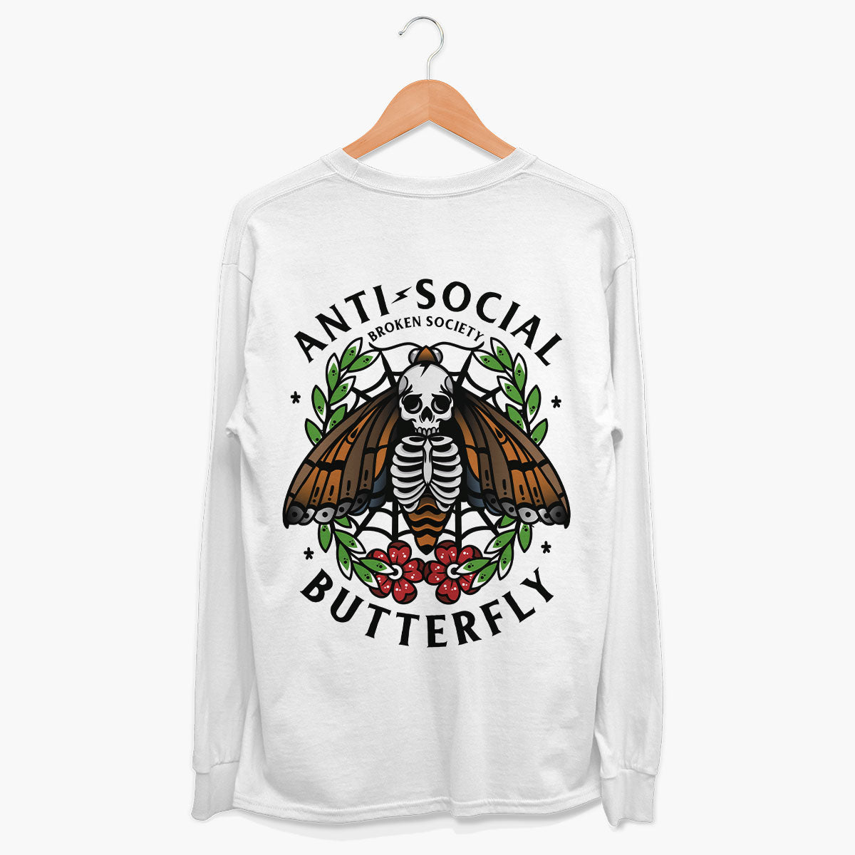 Anti-Social Butterfly Long Sleeve T-Shirt (Unisex)-Tattoo Clothing, Tattoo Long Sleeve T-Shirt, EP185L-Broken Society