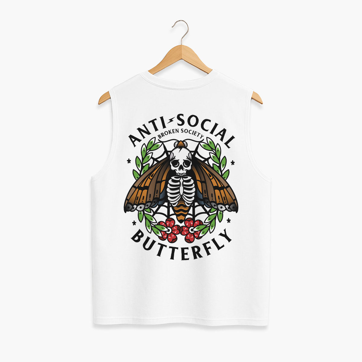 Anti-Social Butterfly Sleeveless T-Shirt (Unisex)-Tattoo Clothing, Tattoo Sleeveless T-Shirt, EP01S-Broken Society