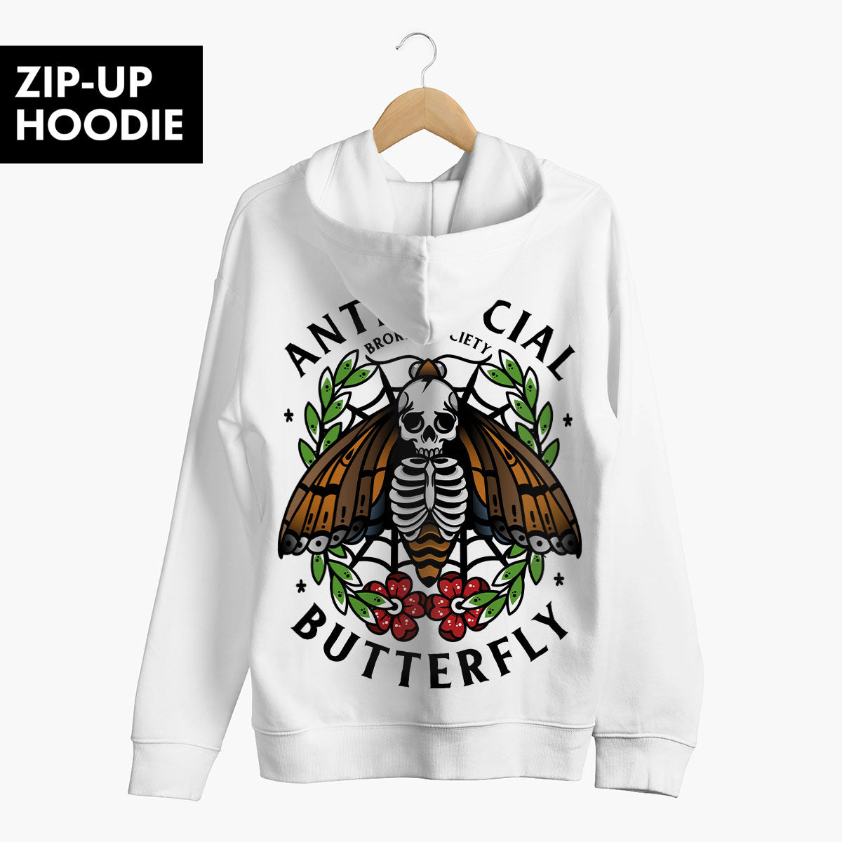 Anti-Social Butterfly Zip-Up Hoodie (Unisex)-Tattoo Clothing, Tattoo Zip-Up Hoodie, JH050-Broken Society