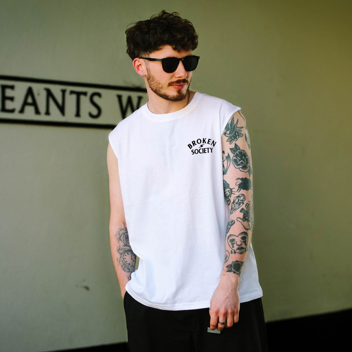 Broken Society Embroidered Sleeveless T-Shirt (Unisex)-Tattoo Clothing, Tattoo Sleeveless T-Shirt, EP01S-Broken Society
