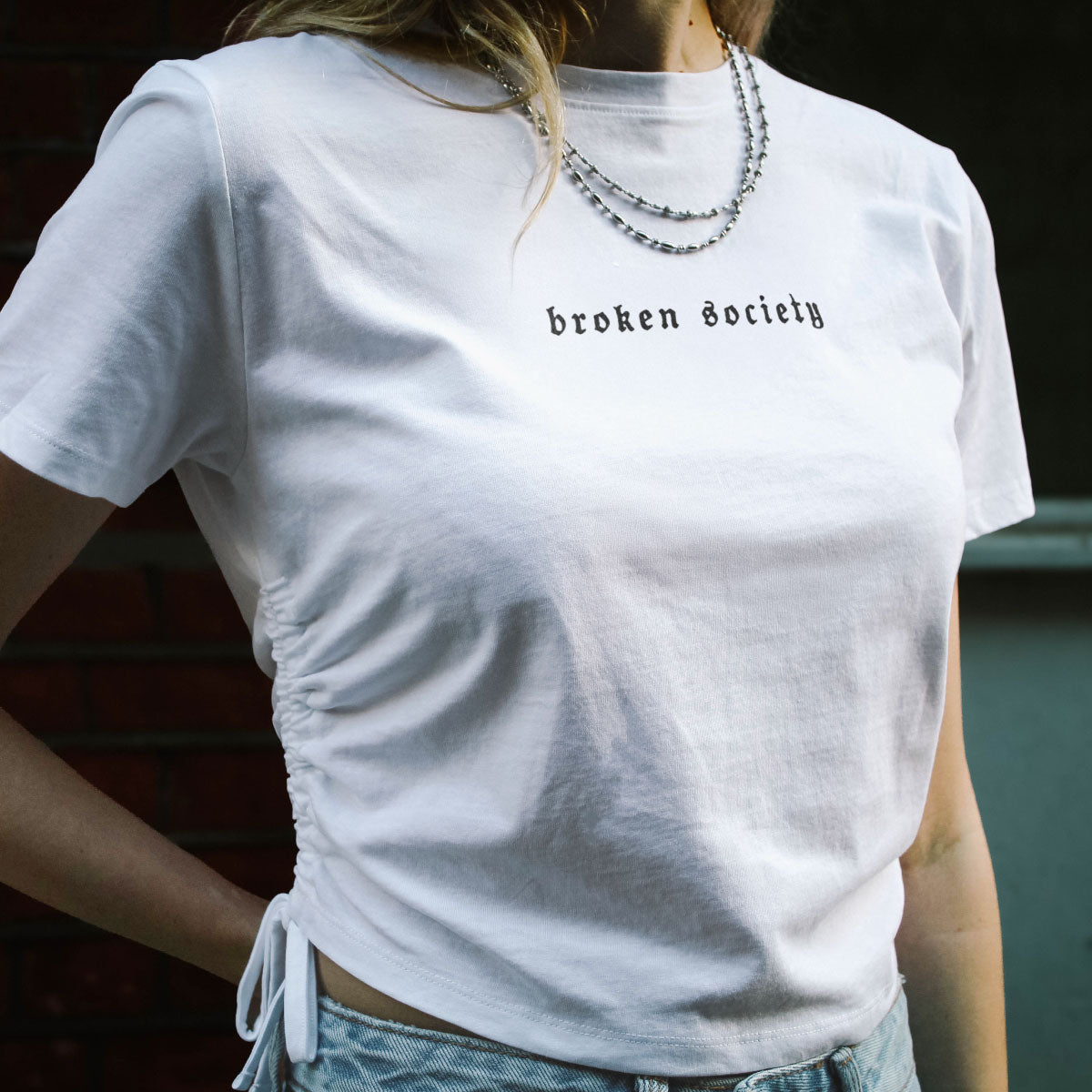 Broken Society Ruched Tie Crop T-Shirt-Tattoo Clothing, Ruched Tie Detail Crop T-Shirt, TR069-Broken Society