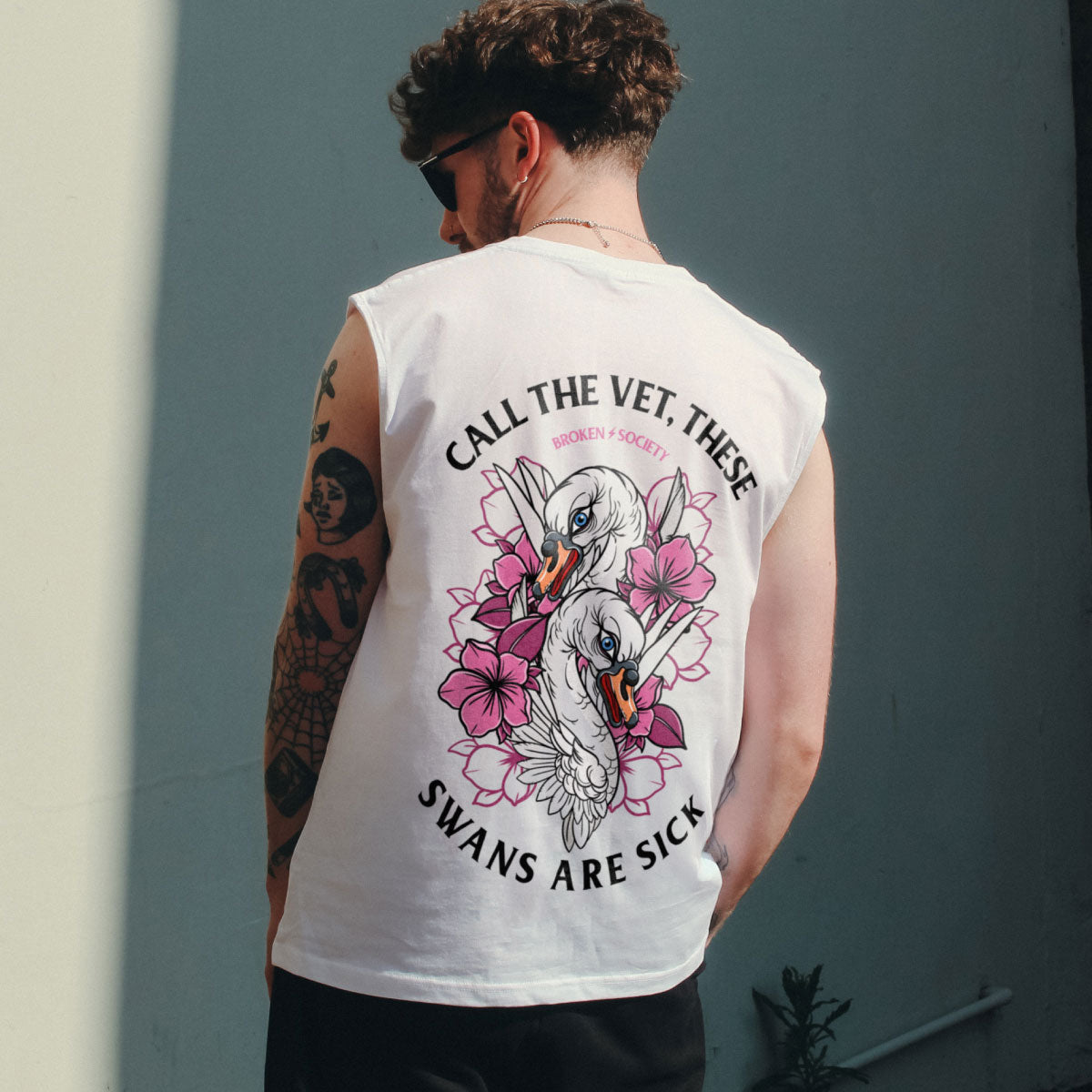 Call The Vet, These Swans Are Sick Sleeveless T-Shirt (Unisex)-Tattoo Clothing, Tattoo Sleeveless T-Shirt, EP01S-Broken Society