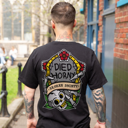 Died Horny T-shirt (Unisex)-Tattoo Clothing, Tattoo T-Shirt, N03-Broken Society