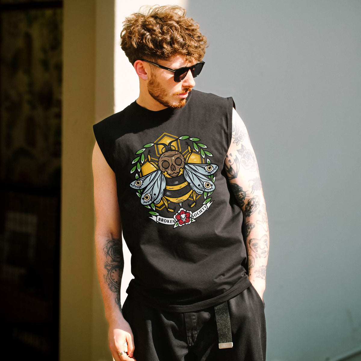 Killer Bee Sleeveless T-Shirt (Unisex)-Tattoo Clothing, Tattoo Sleeveless T-Shirt, EP01S-Broken Society