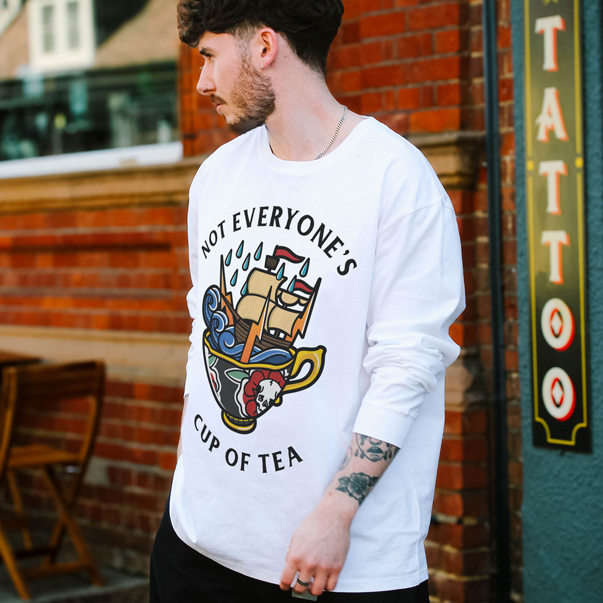 Not Everyone's Cup Of Tea Front Print Long Sleeve T-Shirt (Unisex)-Tattoo Clothing, Tattoo Long Sleeve T-Shirt, EP185L-Broken Society