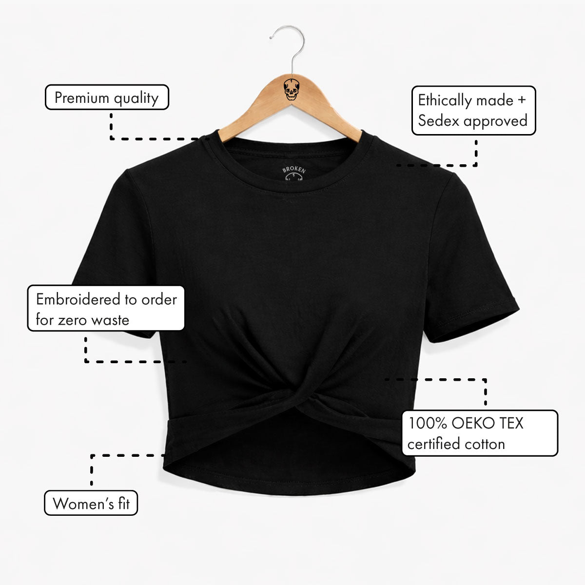 Swallow Embroidered Knot Crop T-Shirt-Tattoo Clothing, Tattoo Knot Detail Crop T-Shirt, TR068-Broken Society