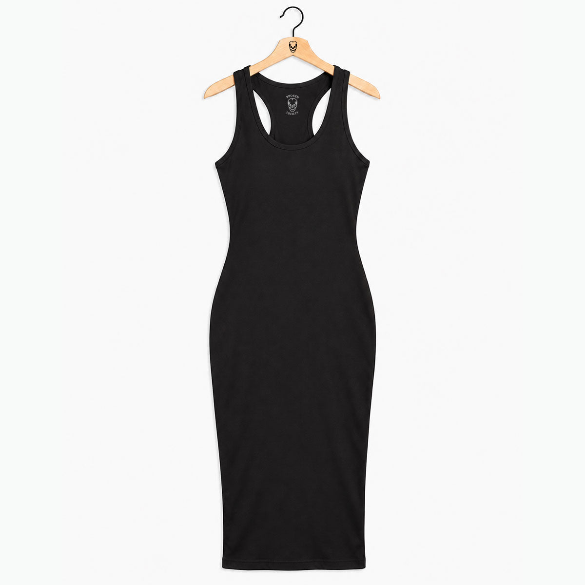 A black sleeveless bodycon dress with a racerback neckline, hanging on a wooden hanger against a plain white background.