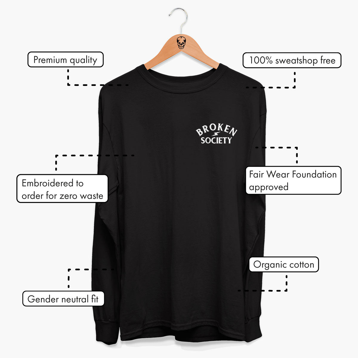 Broken Society Embroidered Long Sleeve T-Shirt (Unisex)-Tattoo Clothing, Tattoo Long Sleeve T-Shirt, EP185L-Broken Society
