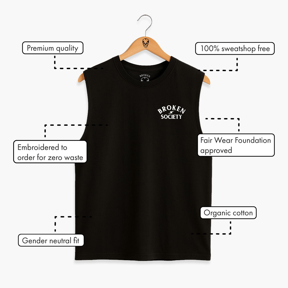 Skull Embroidered Sleeveless T-Shirt (Unisex)-Tattoo Clothing, Tattoo Sleeveless T-Shirt, EP01S-Broken Society