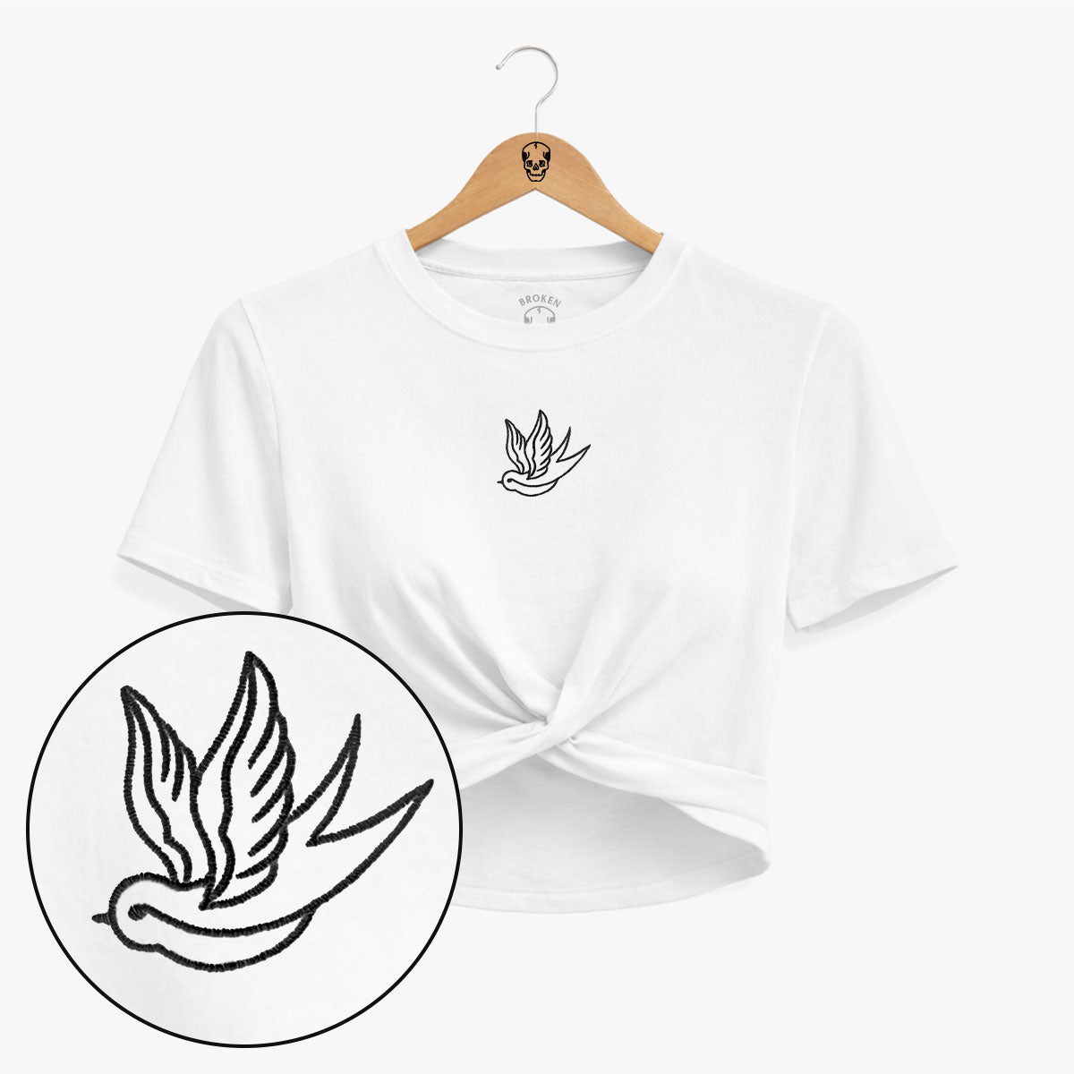 Swallow Embroidered Knot Crop T-Shirt-Tattoo Clothing, Tattoo Knot Detail Crop T-Shirt, TR068-Broken Society