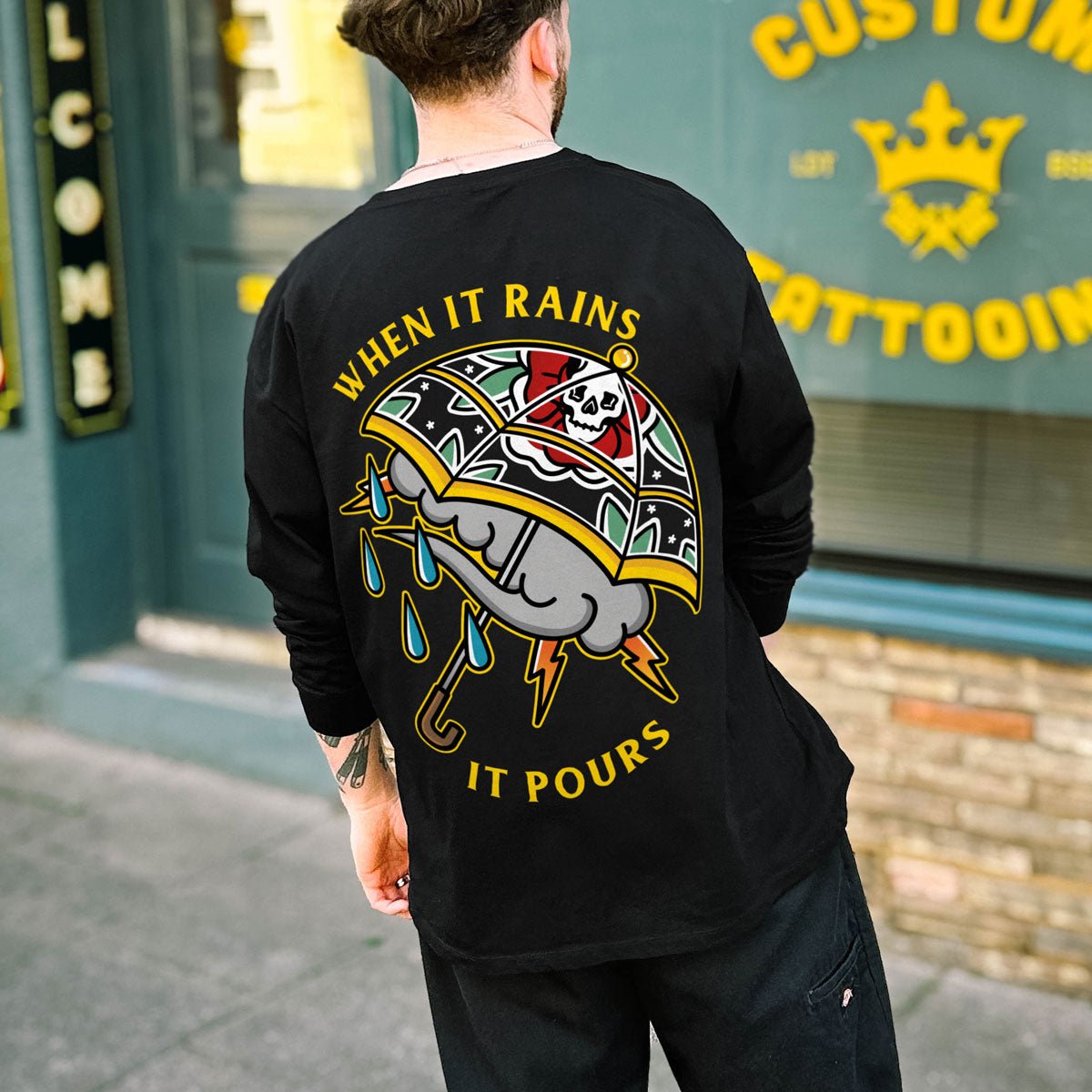When It Rains It Pours Long Sleeve T-Shirt (Unisex)-Tattoo Clothing, Tattoo Long Sleeve T-Shirt, EP185L-Broken Society
