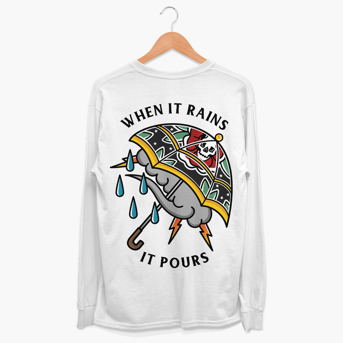 When It Rains It Pours Long Sleeve T-Shirt (Unisex)-Tattoo Clothing, Tattoo Long Sleeve T-Shirt, EP185L-Broken Society