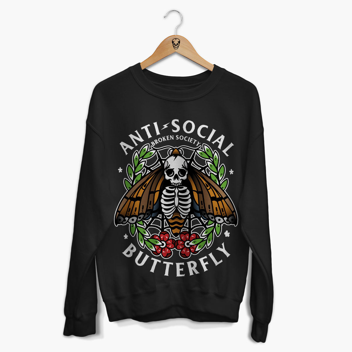 Anti-Social Butterfly Front Print Sweatshirt (Unisex)-Tattoo Clothing, Tattoo Sweatshirt, JH030-Broken Society