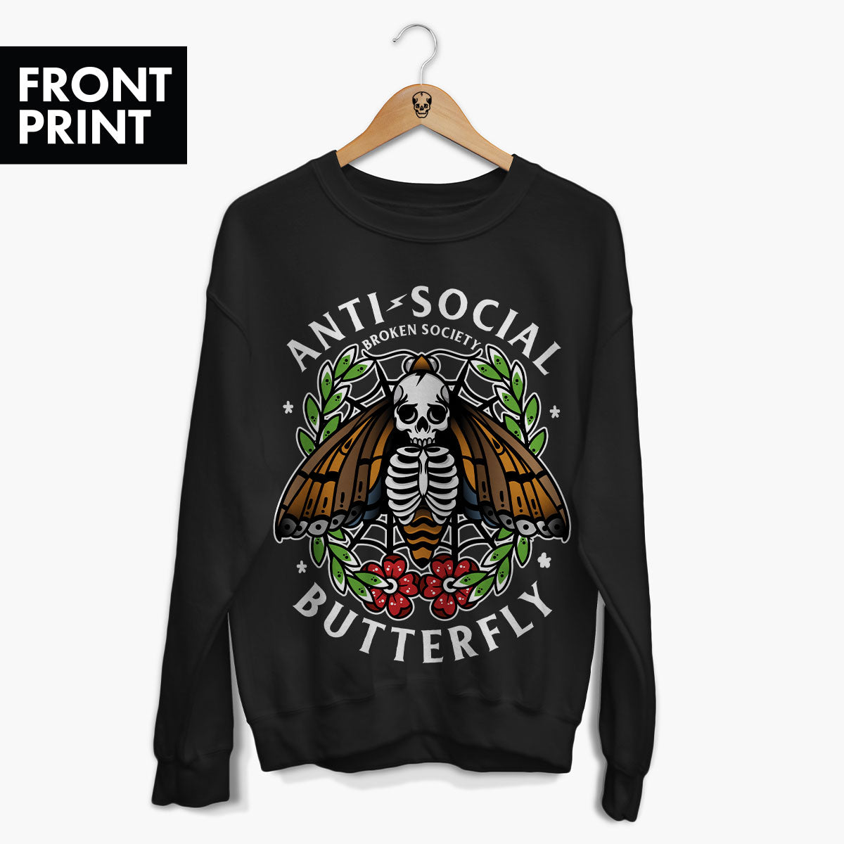 Anti-Social Butterfly Front Print Sweatshirt (Unisex)-Tattoo Clothing, Tattoo Sweatshirt, JH030-Broken Society