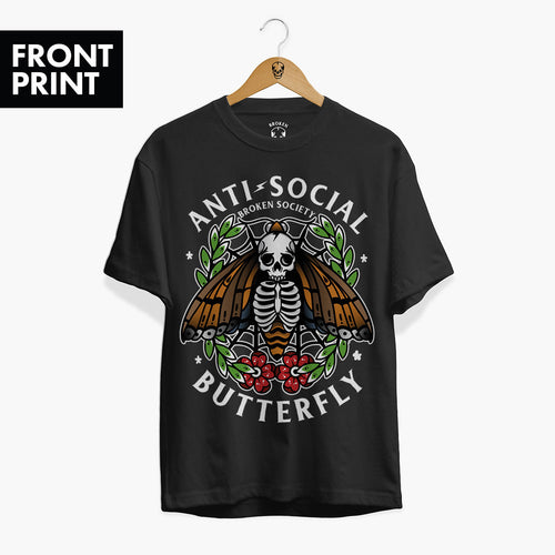 Anti-Social Butterfly Front Print T-shirt (Unisex)-Tattoo Clothing, Tattoo T-Shirt, EP01-Broken Society