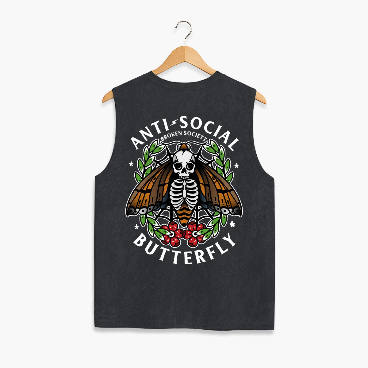 Anti-Social Butterfly Sleeveless T-Shirt (Unisex)-Tattoo Clothing, Tattoo Sleeveless T-Shirt, EP01S-Broken Society