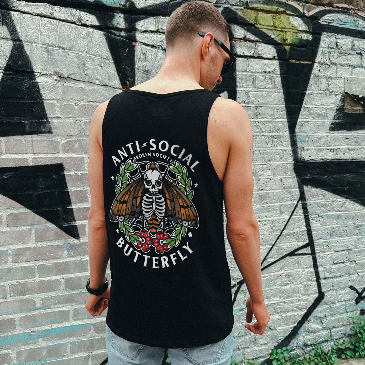 Anti-Social Butterfly Tank (Unisex)-Tattoo Clothing, Tattoo Tank, 03980-Broken Society