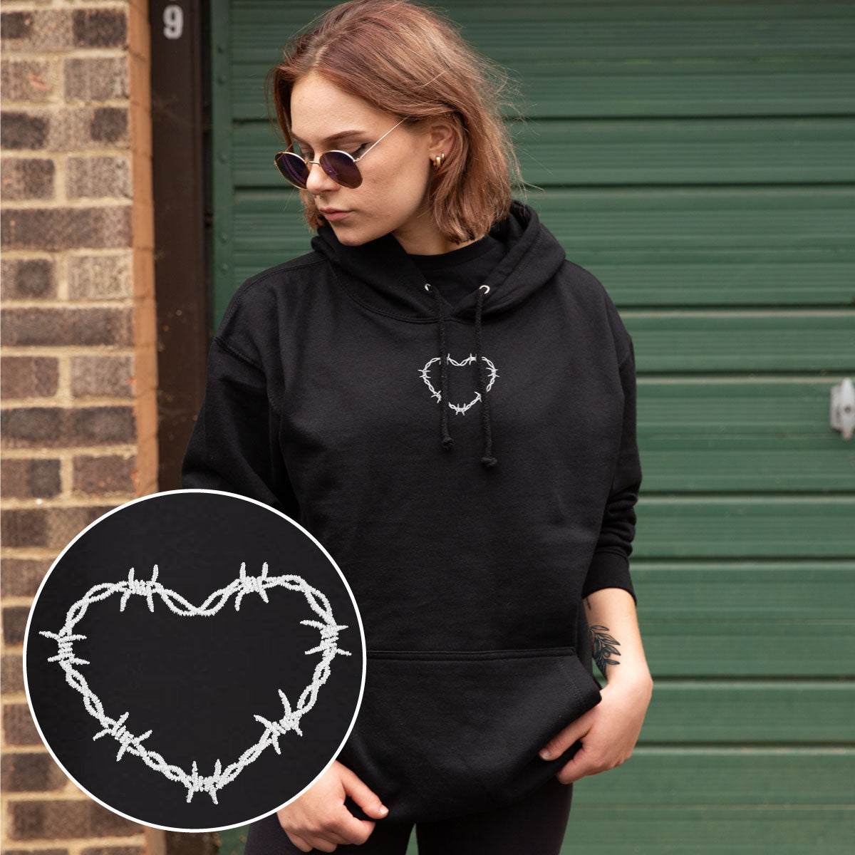 Barbed Wire Heart Embroidered Hoodie (Unisex)-Tattoo Clothing, Tattoo Hoodie, JH001-Broken Society