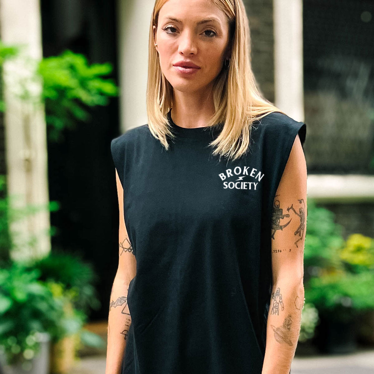 Broken Society Embroidered Sleeveless T-Shirt (Unisex)-Tattoo Clothing, Tattoo Sleeveless T-Shirt, EP01S-Broken Society