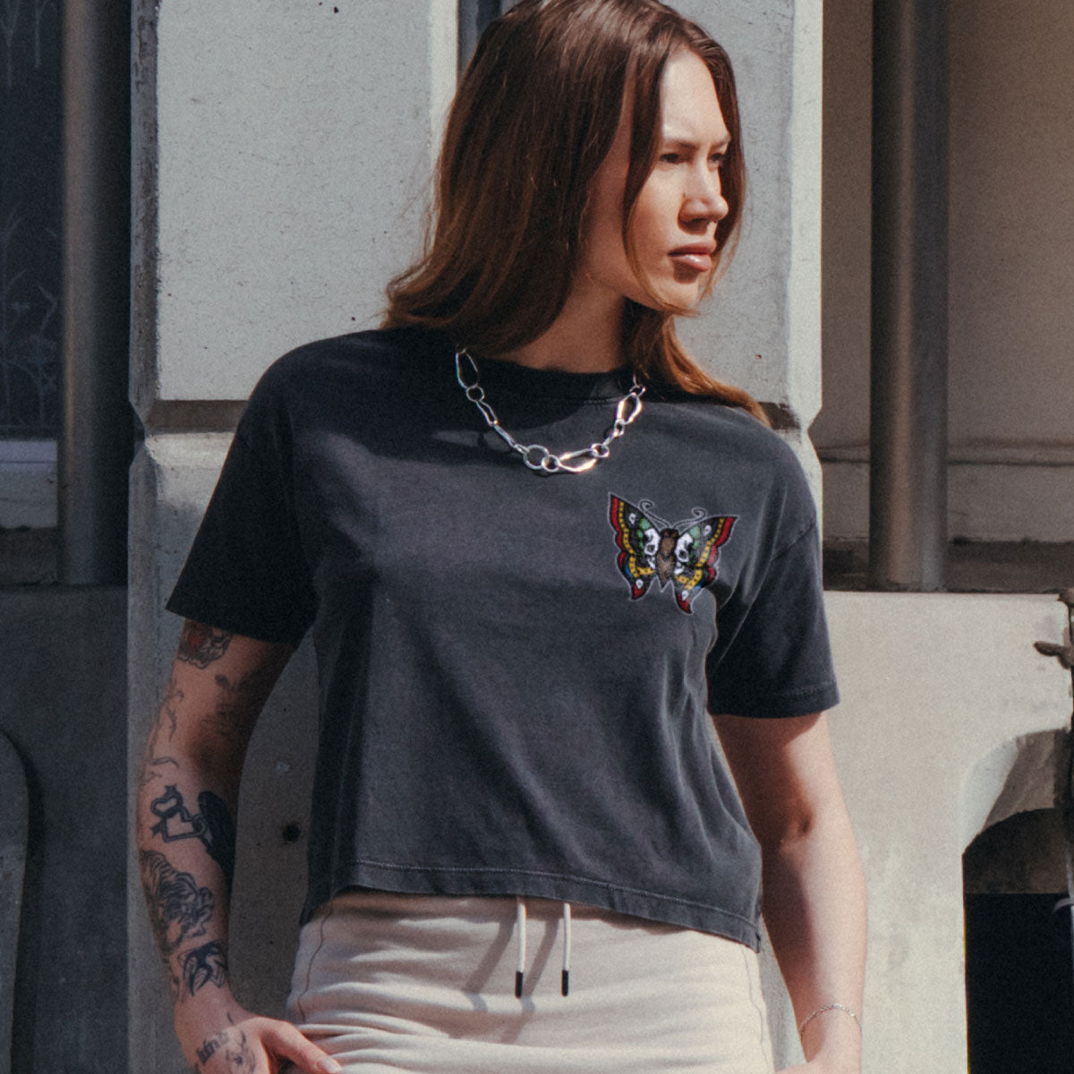Butterfly Detail Front Boxy Women's Fit T-Shirt-Tattoo Clothing, Tattoo T-Shirt, EP026-Broken Society