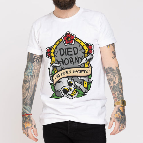 Died Horny T-shirt (Unisex)-Tattoo Clothing, Tattoo T-Shirt, N03-Broken Society