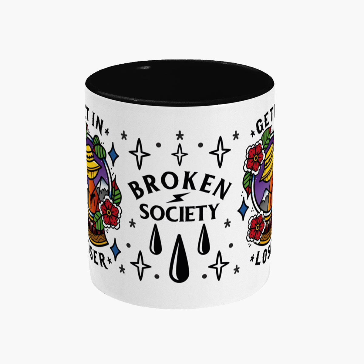 Get In Loser Mug-Tattoo Apparel, Tattoo Accessories, Tattoo Gift, Tattoo Coffee Mug, 11oz White Ceramic-Broken Society