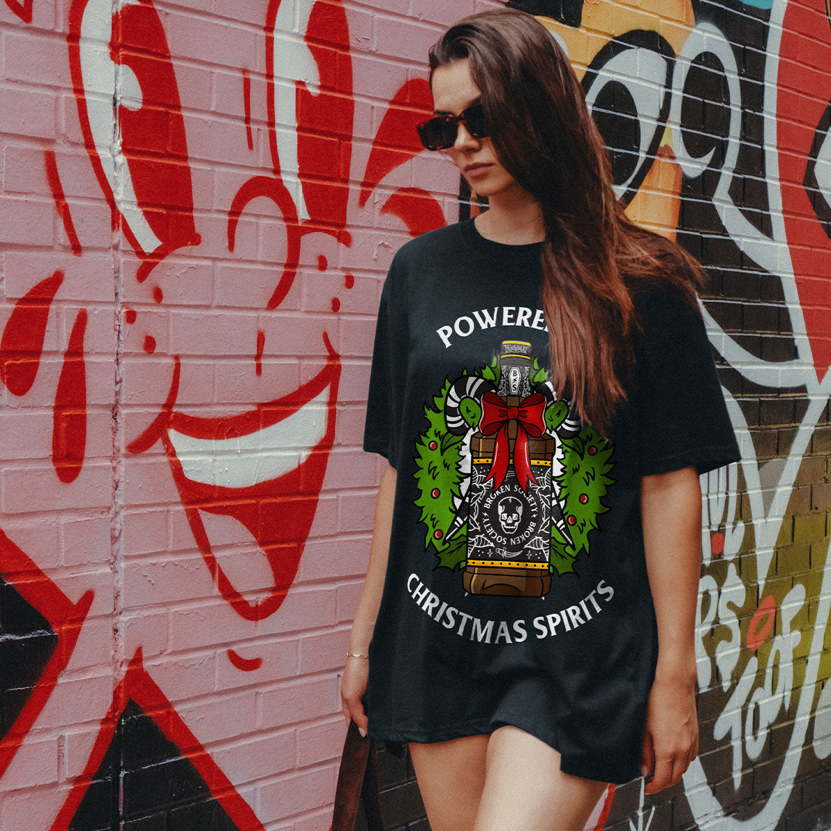 Powered By Christmas Spirits Christmas T-Shirt (Unisex)-Tattoo Clothing, Tattoo T-Shirt, EP01-Broken Society
