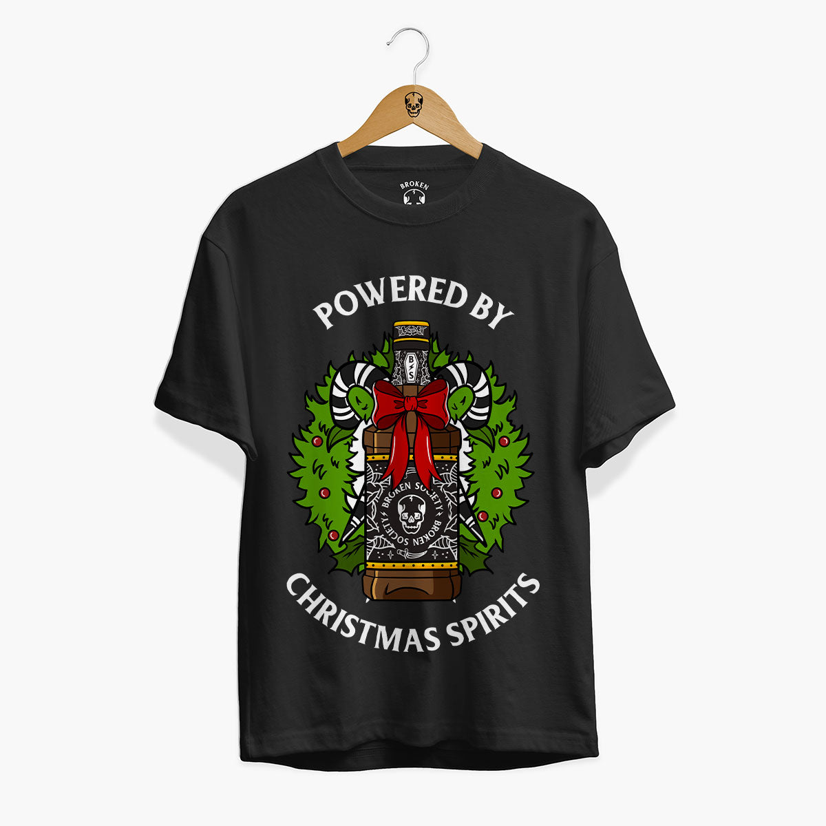 Powered By Christmas Spirits Christmas T-Shirt (Unisex)-Tattoo Clothing, Tattoo T-Shirt, EP01-Broken Society