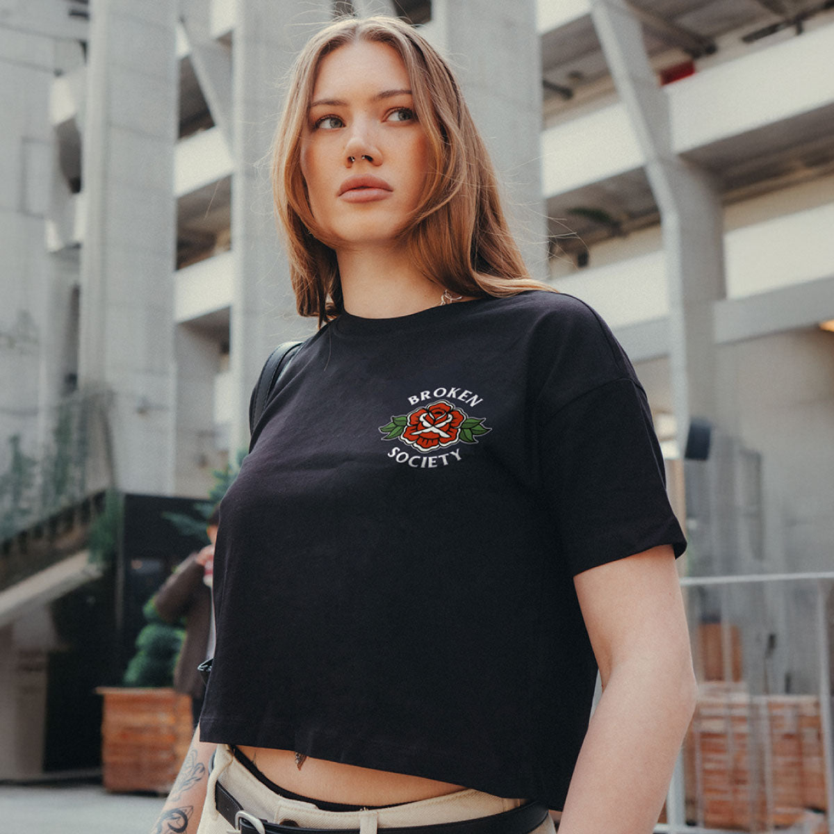 Rose Detail Front Boxy Women's Fit T-Shirt-Tattoo Clothing, Tattoo T-Shirt, EP026-Broken Society