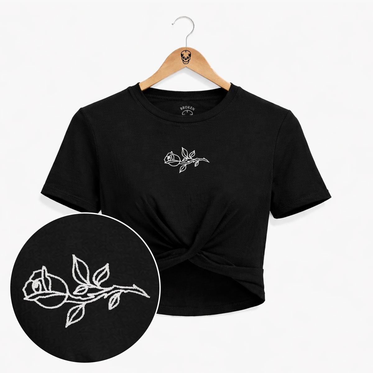 Rose Embroidered Knot Crop T-Shirt-Tattoo Clothing, Tattoo Knot Detail Crop T-Shirt, TR068-Broken Society