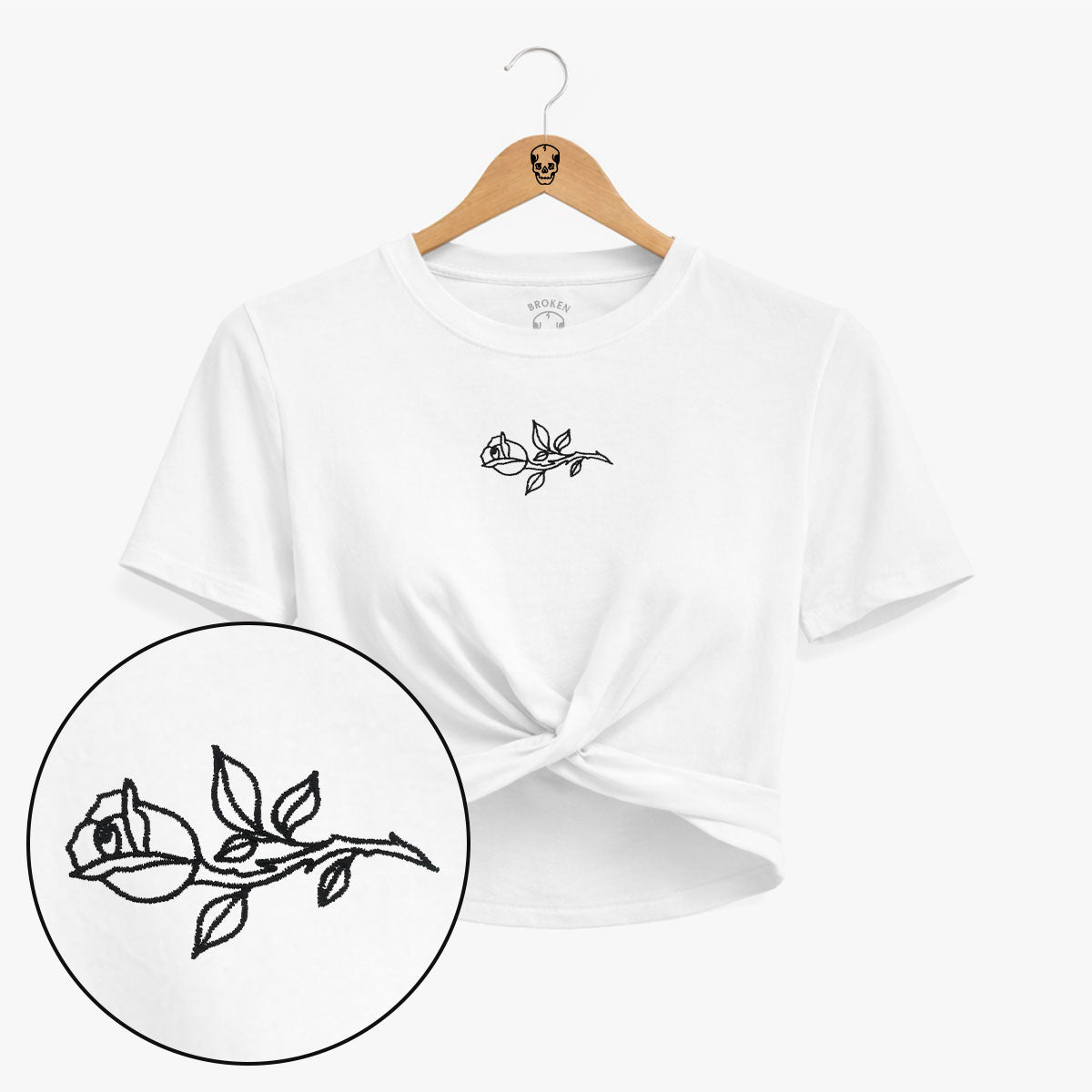Rose Embroidered Knot Crop T-Shirt-Tattoo Clothing, Tattoo Knot Detail Crop T-Shirt, TR068-Broken Society
