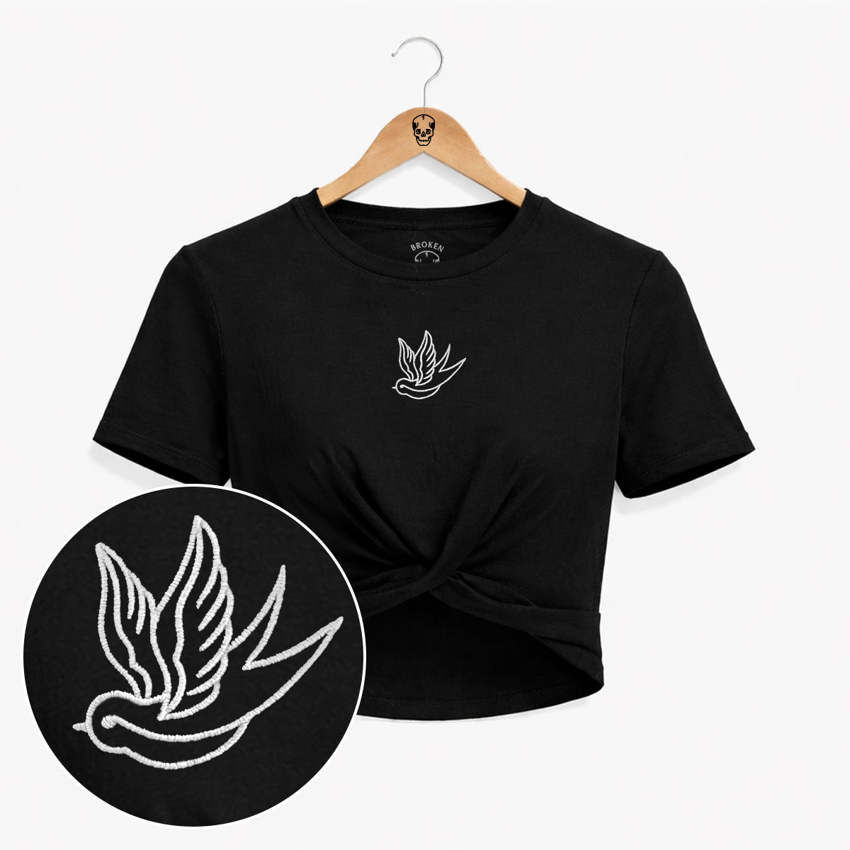 Swallow Embroidered Knot Crop T-Shirt-Tattoo Clothing, Tattoo Knot Detail Crop T-Shirt, TR068-Broken Society