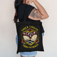 Cargar imagen en el visor de la galería, Thick Thighs Thin Patience Strong-As-Hell Tote Bag-Tattoo Apparel, Tattoo Accessories, Tattoo Gift, Tattoo Tote Bag-Broken Society