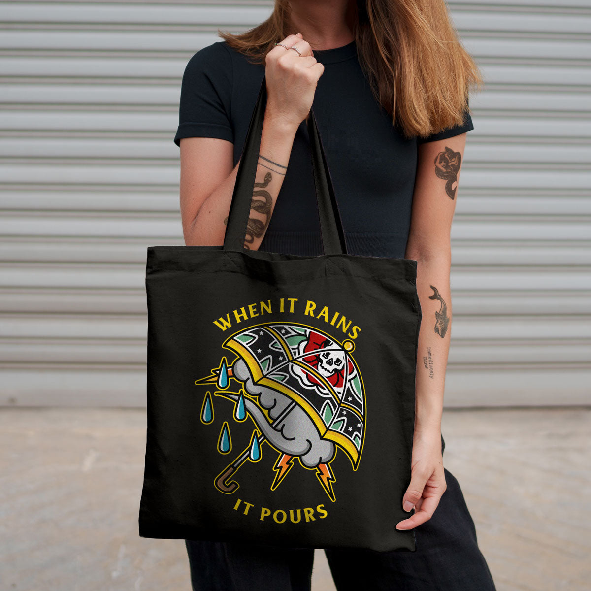 When It Rains It Pours Strong-As-Hell Tote Bag-Tattoo Apparel, Tattoo Accessories, Tattoo Gift, Tattoo Tote Bag-Broken Society